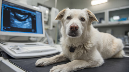 Dog lying calmly on examination table while undergoing ultrasound scan in professional veterinary clinic with modern medical equipment.の素材