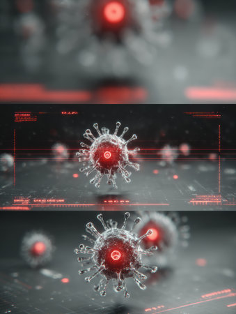 Animation showcases virus multiplication with striking red alert graphics, emphasizing viral structures and activity in a high-tech scientific contextの素材