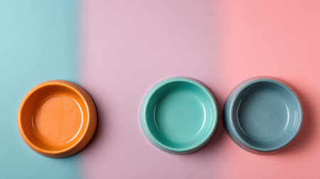 Colorful pet bowls are arranged creatively against a pastel background, leaving room for customization or decoration inspired by pets and home aesthetics.の素材