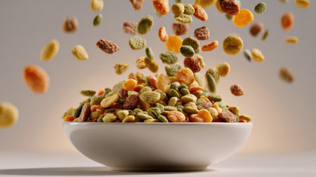 Dry food pours gracefully into a bowl, showcasing a vibrant mix of colors and textures against a soft, light background, emphasizing dynamic motion.の素材