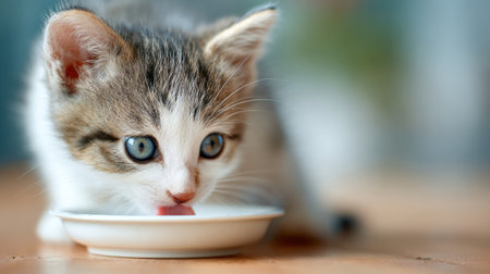 Adorable kitten eagerly licks its bowl filled with tasty gravy food in a warm, inviting indoor space, perfectly capturing its playful nature.の素材