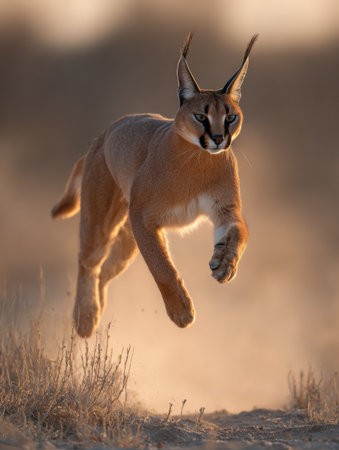 A caracal leaps mid-air across dusty plains, capturing its elegant movement and powerful legs against a blurred background during golden hour.の素材