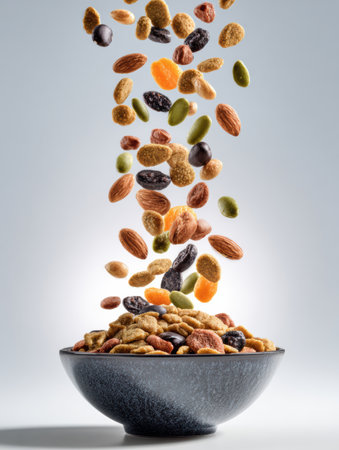Nuts, dried fruits, and snacks are pouring into a bowl mid-air, showcasing an energetic display against a light backdrop in a kitchen environment.の素材
