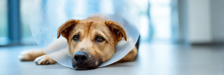 A dog lies quietly in a recovery cone, relaxed in a brightly lit veterinary clinic, showing a calm demeanor as it recovers.の素材