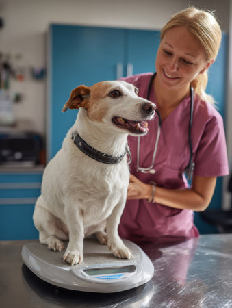 A cheerful dog is sitting on a scale at a veterinary clinic as the veterinarian praises its good behavior. The atmosphere is bright and inspiring.の素材