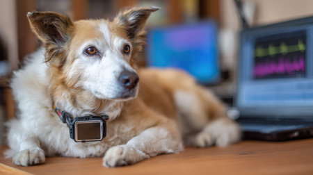 Heart monitor tracks vital signs of a dog resting comfortably on a table in a veterinary clinic, showing a modern approach to animal health monitoring.の素材