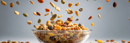 Dry food is captured mid-air as it pours into a bowl, illustrating a dynamic moment with a light background that enhances the colorful mix of ingredients.の素材