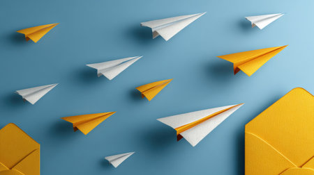 Colorful paper planes soar above a clean blue background, symbolizing an email inbox filled with messages ready to be sent and received.の素材