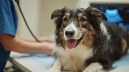 A dog is being scanned with ultrasound in a veterinary setting, showcasing a calm atmosphere and attentive medical staff in a well-lit room.の素材