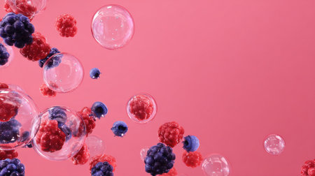 Transparent bubbles effortlessly float, revealing colorful berries within, set against a minimalist pink backdrop in a modern aesthetic.の素材
