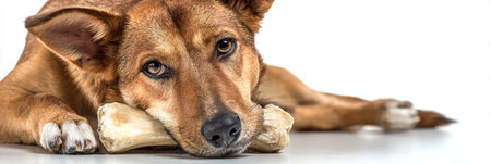 A dog is happily chewing on a bone while lying on a clean white surface, showing its contentment and focus on the treat.の素材