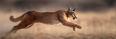 A caracal mid-jump in dusty plains highlights its agility and grace, with the top portion of the animal in sharp focus and the rest in motion blur.の素材