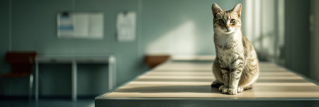 A calm cat sits on the examination table in a veterinary clinic, illuminated by soft light with an empty background, creating a serene atmosphere.の素材
