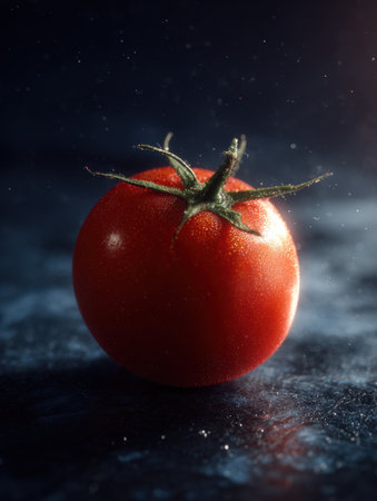 Against a dark backdrop, a single vibrant tomato radiates a glowing aura, emphasizing its freshness and beauty in a striking cinematic style.の素材