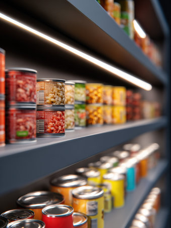 A display of various canned foods arranged in neat rows on a shelf, enhanced by a soft backlight highlighting the vibrant colors of the labels.の素材