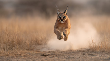 A caracal soars through the dusty plains, showing its agility in mid-jump with motion blur enhancing its swift movement. The background remains soft.の素材