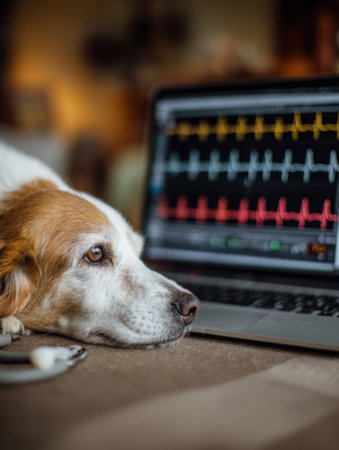 Dog rests beside a modern digital heart monitor displaying vital signs, showing advanced technology for animal health monitoring in a cozy indoor setting.の素材