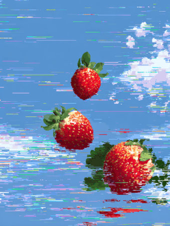 Colorful pixel-style strawberries float across a distorted blue background, enhancing the artworks visual appeal and surreal atmosphere.の素材