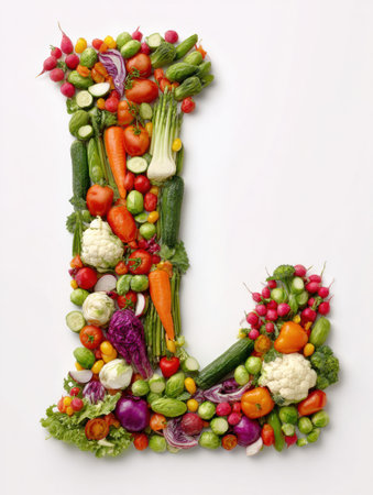 Colorful vegetables meticulously arranged to form the letter L, showing a variety of fresh produce in an artistic and vibrant way.の素材
