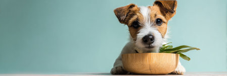 A cheerful dog happily eats from an eco bamboo bowl placed on a soft pastel background, showing a playful moment of joy and nourishment.の素材
