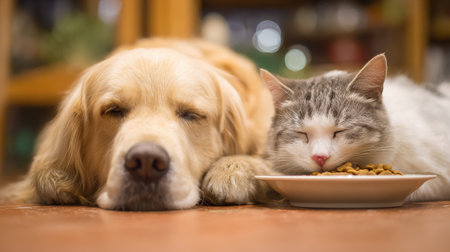 A dog and a cat are lying side by side, enjoying their meal together in a warm and inviting living space filled with soft light and comfortable surroundings.の素材