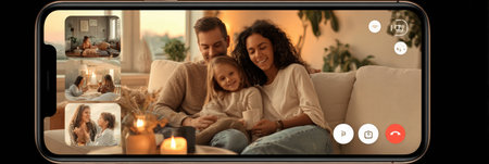 Family members enjoy a warm evening at home while engaging in a group chat, sharing smiles and moments of joy in a cozy atmosphere.の素材