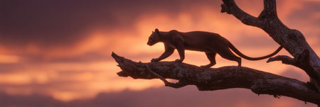 Fossa moves confidently along a tree branch, silhouetted against a vibrant sunset glow, highlighting the beauty of its environment at dusk.の素材