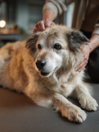An elderly dog undergoes a careful joint examination on a soft mat, illuminated by soft natural lighting in a relaxed setting.の素材