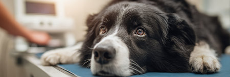 A black and white dog lies calmly on a table during an ultrasound examination in a well-lit veterinary room, surrounded by medical equipment.の素材