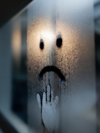 Condensation on a mirror reveals a sad face drawn with a finger, symbolizing illness and emotional struggle, while the upper portion remains clear.の素材
