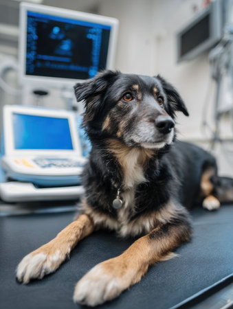 A dog lies calmly on the examination table while undergoing an ultrasound scan in a well-equipped veterinary clinic with bright overhead lights.の素材