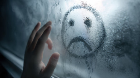 A foggy mirror reveals a finger-drawn sad face, evoking emotions of illness and sadness, contrasting the clean space above it in a desolate setting.の素材
