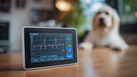 Heart monitor shows real-time vital signs of an animal in a contemporary veterinary clinic, with a focused view on the device and a dog in the background.の素材