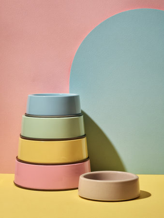 Stylish arrangement of pet bowls in various colors on a pastel backdrop, providing an ideal space for personalized touches above the bowls.の素材