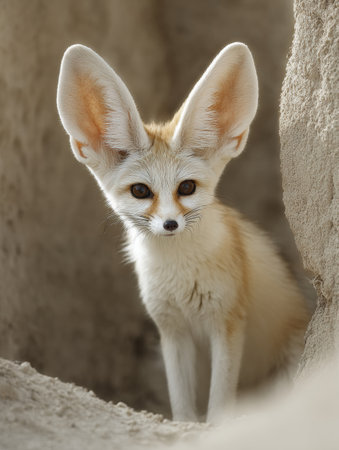Fennec fox with prominent ears observes its surroundings in a sandy desert area, showing its unique features under bright sunlight.の素材