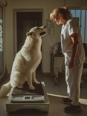 Veterinarian celebrates a well-behaved dog sitting on a scale in a bright clinic, creating a positive atmosphere during the checkup visit.の素材