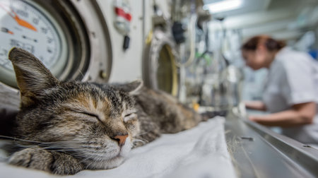 A cat rests inside an oxygen chamber while a veterinarian monitors its condition in a clinical setting, ensuring effective treatment and care.の素材
