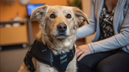 Dog sits calmly with an anxiety vest while a vet provides reassuring comfort in a bright veterinary clinic environment.の素材