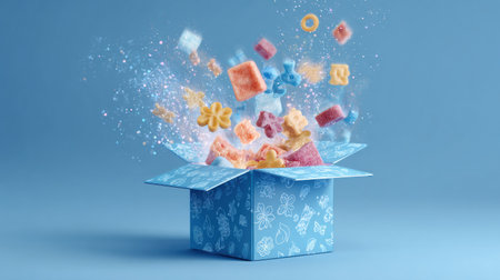 A pet food box opens, releasing an array of colorful treats and sparkles into the air, creating a lively and fresh atmosphere in a soft blue setting.の素材