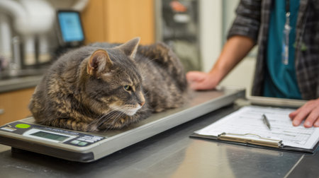 Cat is being weighed on a scale at the veterinary clinic while a staff member records important health information in a calm environment.の素材