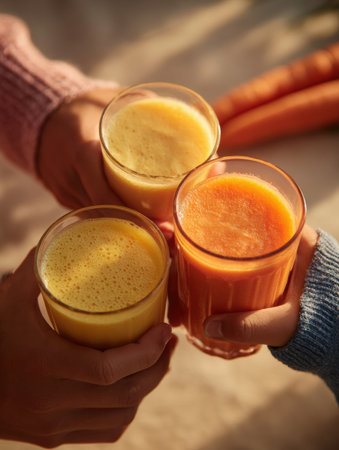 Family members enjoy each others company while sharing vibrant immune-boosting drinks in a warm kitchen environment surrounded by natural light.の素材