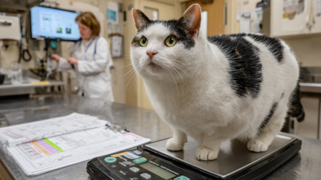 A cat stands on a scale at the veterinarian clinic as staff documents important data in a clear area during a routine visit for health monitoring.の素材