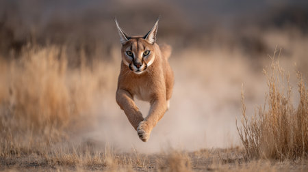 Caracal mid-jump in arid terrain with dust cloud forming beneath its paws, showcasing agility and grace during the early morning light.の素材