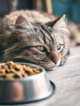 A calm cat lays close to a bowl filled with freeze-dried food, surrounded by light pastel shades, evoking a serene afternoon atmosphere.の素材