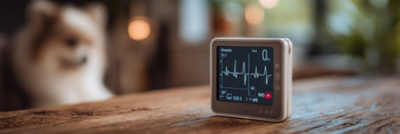 A digital heart monitor is capturing and displaying the vital signs of an animal in a contemporary veterinary environment with a blurred background.の素材
