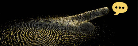 A digital fingerprint morphs into a chat bubble, symbolizing the intersection of tech and security in communication.の素材