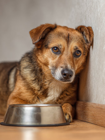 Dog rests beside an empty food bowl on a warm floor, showing anticipation for mealtime in a comfortable indoor environment.の素材