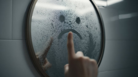Condensation on a bathroom mirror shows a sad face drawn with a finger, suggesting illness or emotional distress, contrasted by a clean upper space.の素材
