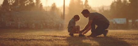 A father kneels on the grass to tie his childs shoes, fostering a bond before an important game. The warm sunlight casts a golden glow over the field.の素材