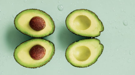 Mirrored avocado halves rest on a mint green surface, highlighting their smooth texture and vibrant colors, reflecting freshness and natural beauty.の素材